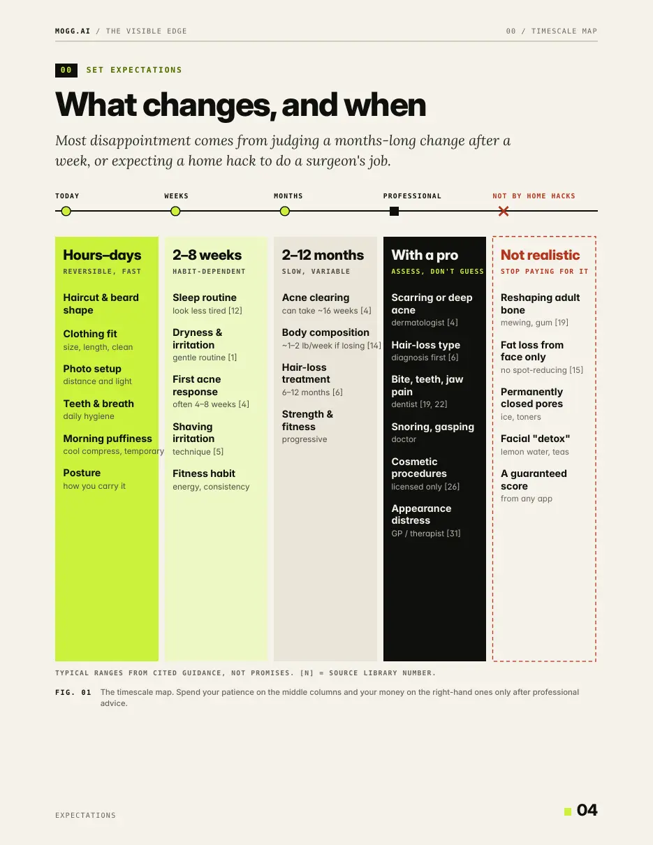 Page 4: a chart sorting appearance changes into hours to days, 2 to 8 weeks, 2 to 12 months, with a professional, and not realistic.