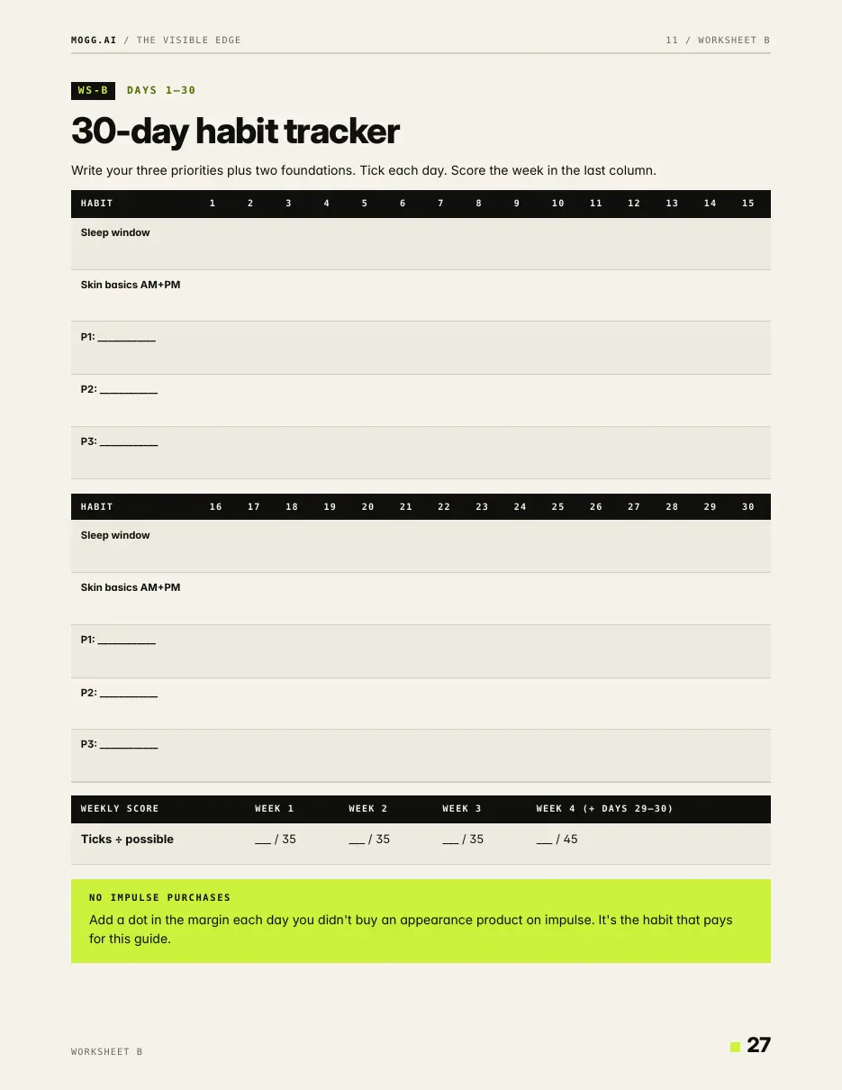 Page 27: a printable 30-day habit tracker for sleep, skin and three priorities.